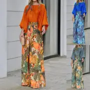 Women's Two-Piece Long Sleeved Top Floral Printed Wide Legged Pants Set