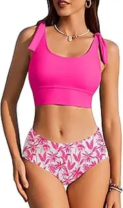 [AI'MAGE] Two Piece High Waisted Bikinis for Women High Cut Bathing Suit Scoop Neck Bikini Sets