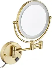 Round Wall Mount Dual Led Magnified Mirror,Wall Mount Magnifying Mirror with Light with 3X/5X/7X/10X Magnification, LED Lighted/8 inches, Double Sided, Hard Wiring,5X,Brushed Gold