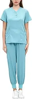 [yuksok] Women Uniform Scrub Set Suit Machine Washable V Neck Elastic Waist Work Clothing Nurse Work Clothing for Cosmetology Pet Shop