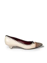 Beige Leather Croc Cap Toe Pumps