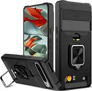 [rojarou] for Google Pixel 9 Case,Google Pixel 9 Pro Case with Card Holder[Slide Camera Cover][360° Rotate Ring Kickstand] Heavy Duty Protective Phone Case for Pixel 9/Pixel 9 Pro,Black