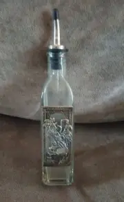 Oil Vinegar Glass Dispenser Pewter Rooster & Sun Flowers Pour Spout Stopper New