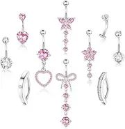 [CASSIECA] 10Pcs 14G Belly Button Rings Dangle for Women Stainless Steel Butterfly Heart Clear CZ Navel Rings Body Piercing Jewelry