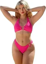 [Generic] Women's 2-Piece Bikini Set Heart-Shaped Ring Textured Halter Neck Bikini