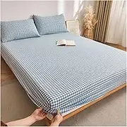 Plaid Fitted Sheet Twin Small Double Queen Super King Size 100% Washed Cotton 10”Deep Pockets Fitted Sheet Super Soft and Breathable(Blue G,180x200cm+48x74cm x2)