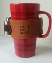 New Caribou Coffee 2022 Cup Mug w/Pocket Flask, Red, White,Black Plaid Covered