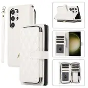 Compatible For Samsung Galaxy S23 Ultra Case with Hand Strap Rhombus Zipper Leather Phone Cover White