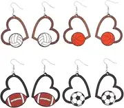 UNICRAFTALE 4 Styles Heart Sports Ball Earrings Hollow Geometry Game Earrings Natural Wooden Basketball Football Volleyball Earrings Valentine's Day Birthday Gifts for Sports Players, Glass, No