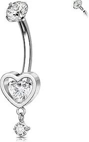 Melighting Heart Titanium Belly Button Ring Internally Threaded 14G Dangle Belly Ring Belly Piercing Jewelry Titanium G23 Naval Ring Clear Cz Body Piercing Jewelry