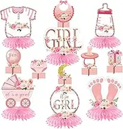 12Pcs Pink Rose Gold Baby Shower Decorations Honeycomb Centerpieces for Girls, Floral It's a Girl Gender Reveal Table Centerpieces Party Supplies, Baby Girls Pregnancy Announcement Table Topper Decor