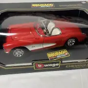 1957 Chevrolet Corvette BBurago 1/18 Scale Die Cast Model - Red/White Boxed 3024
