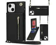 PU Leather Phone Case for Women-Black, IPhone 15 Plus 6.7 Inch Wallet Case With Wrist Strap