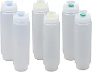 FIFO Squeeze Bottle Refillable 16 oz | 2 Green 2 Yellow 2 Blue Tip Small Valve Dispenser for Thin Condiments, Sauces, Batter and Dressing | Self Sealing No Drip No Hassle | Variety Pack ( 6 Pack )
