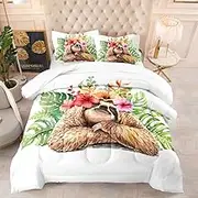 Eveone Sloth Pattern Quilt Cartoon Style Ultra Soft Microfiber Comfy Machine Washable Bedding Set for Teens Room Decor,Kids Comforter Set All Season,1 Quilt 2 Pillowcases (1,Queen-210 * 210cm-3pcs)