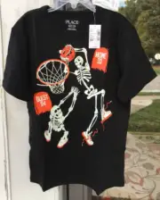 Boys Childrens Place M 7-8 Black SS T-Shirt Glow In Dark Skeleton Basketball C