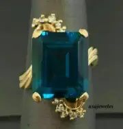 Real Blue Topaz 3.21CT Emerald Cut 14K Yellow Gold Finish Wedding Jewelry Ring