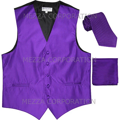New Men's Tuxedo Vest Vertical Stripes Necktie Hankie set prom Purple formal