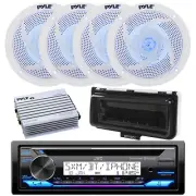 Marine Bluetooth CD Radio, Amp, 4x 5.25" 180W Blue LED Speakers, Cover (White)