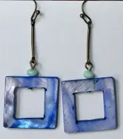 Bronze, Blue and Chunky Purple Shell Bead Dangle Earrings.