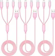 Multiple Charger Cable, 3Pack 4FT USB Charging Cable 3 in 1 Multi Phone Charger Rapid Cord with Type C/Micro/Lightning USB Connectors for Cell Phones and More(Pink)