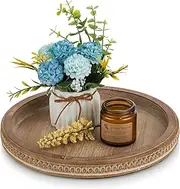 Hanobe Wood Decorative Bead Tray for Coffee Table, Round, Brown Rustic Wooden Circle Tray Décor for Kitchen Counter Farmhouse Vintage Centerpiece for Living Room Candle Holder Home Organizer