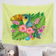 Colorful Tropical Flowers and Toucan Tapestry