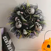 Halloween Wreath for Front Door Indoor Outdoor Decoration, Black Mesh Skull Head Wreath Wall Hanging, Haunted House Horror Party Prop Spooky Halloween Decor