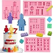 ICOCONG Building Blocks Cake Decorating Fondant Molds (4Pcs), Robot Chocolate Silicone Mold, Kids Birthday Party Baking Tools, Candy Mousse Biscuit Butter Jelly Gum Sugar Craft Epoxy Resin Clay Gypsum
