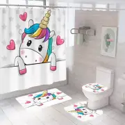Unicorn Bathroom Shower Curtain Waterproof 4Pcs Set Bath Mat Toilet Lid Cover