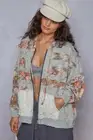 POL Zip Up Floral and Lace Patch Washed Denim Jacket
