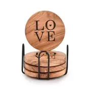Coaster Set Wood Round Coasters Set of 4 with Iron Holder for Drinks,