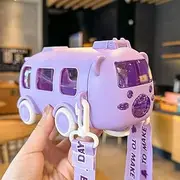 Portable Water Cup in Bus Shape, 360° Leak-Proof Portable Water Bottle with Straw and Strap, 17oz/ 500ml Leak-Proof Drinking Bottle, Bounce Flip Top Straw Bottle for Kids (Purple)