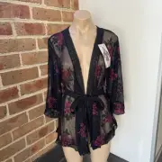 Seven 'til Midnight Lace Robe Pink & Black One Size Tie Up Sheer Lingerie