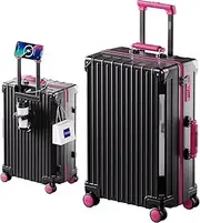 [YUU CPC AU] Suitcase Sets, Durable PC Material Suitcase with USB+TypeC Dual Charging Port and Foldable Cup Holder, 28+20 inch Expandable Two-Piece Set for Storage and Organization (Black Red, 28+20)