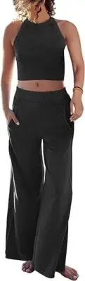 Women's Two Piece Summer Sets Ribbed Tank Crop Top Wide Leg Pants Medium Black
