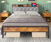 Ufurniture Bed Frame Double Size Metal Frame Storage Headboard with Charging Sta