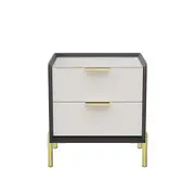 Fin Large Bedside Table Cabinet W/2 Wooden Drawers Nightstand Real Marble Top