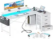 ODK L Shaped Computer Desk with Monitor Stand 140x80cm,Reversible Corner Gaming Desk with LED Lights & Power Outlets& Storage Drawers,for Home Office Writing Study,140 * 80 * 89cm,White