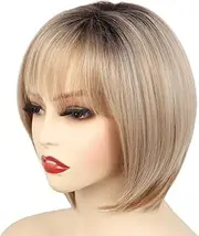 Blonde Bob Wig with Bangs, 13-inch Lace Front, Adjustable Straps, Ultra-thin Rose Mesh