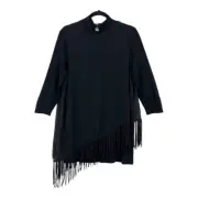 Chico's Womens Size 1 Medium Black Asymmetrical Fringe Overlay Mock-Neck Top NEW