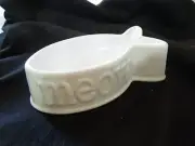 Porcelain Cat Bowl White Fish Shapr 8 1/4" Long "MEOW"