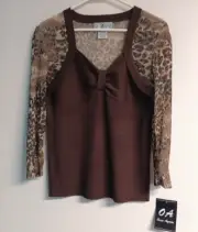 O A Once 1 Again Top Browns Sz L Poly Rayon Long Sleeves Size L NEW w TAGS