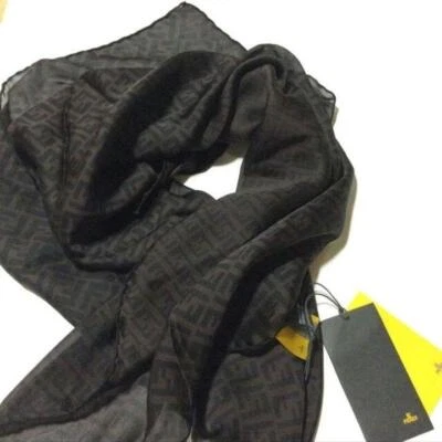 FENDI Chiffon Scarf Zucca Pattern 100% Silk Brown Black Size 84 × 84cm