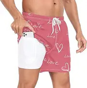 [GuoChe] Mens Swim Shorts Men's 2 Layer Workout Shorts Valentines Funny Lettering Love Hearts Pink with Compression Liner