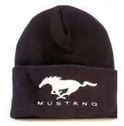 FORD MUSTANG BLACK BEANIE CAP WITH RUNNING HORSE EMBROIDERY ADULT SIZING