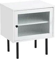 [OIKITURE] Bedside Table with Reeded Tempered-Glass Door, Nightstand with Alloy Handle Metal Legs, Modern End Table with Shelf Space, 40x30x45CM, for Bedroom Living Room Garden Balcony, White