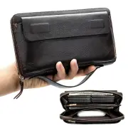 Ekphero Genuine Leather Wallet Long Handbag Large Capacity Card Holder Money Clip Retro Clutch Bag with Zipper Phone Poc