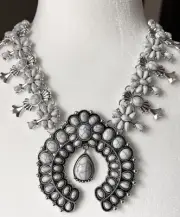 Squash Blossom Necklace White Buffalo Turquoise faux lucite Silver tone Naja