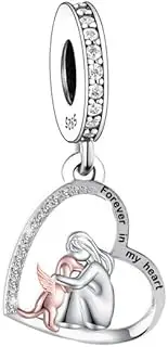[Mon & Sons] Forever In My Heart Dog Puppy Angel Wing Mother Daughter Memorial Love Charm Bead Pendant 925 Sterling Silver Dangle Compatible With Pandora Charm Bracelet, Metal